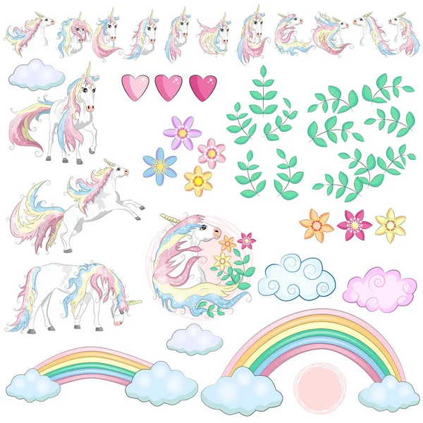 Large set with unicorns, flowers, leaves, hearts, rainbow and other design elements. — Stock Vector