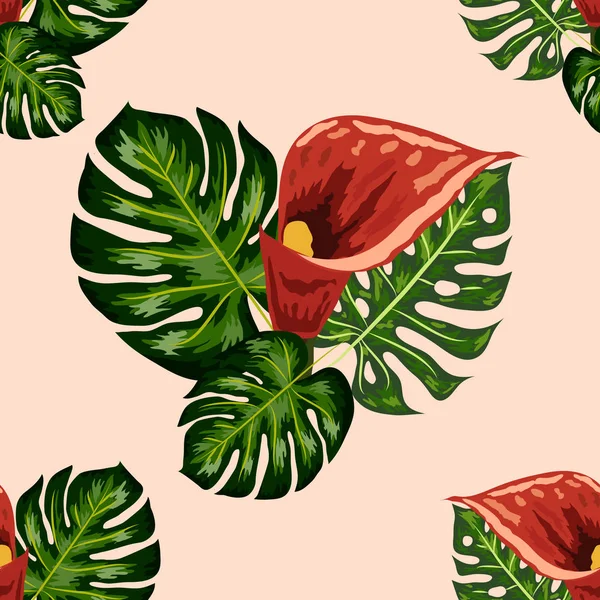 Modèle sans couture avec des feuilles tropicales et des fleurs de lys callas. Illustration tropicale. Feuillage de jungle . — Image vectorielle