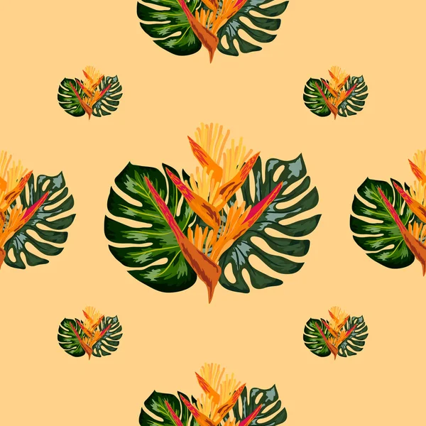 Seamless pattern of Heliconia flowers or lobster-claws and tropical leaf background — Stock Vector