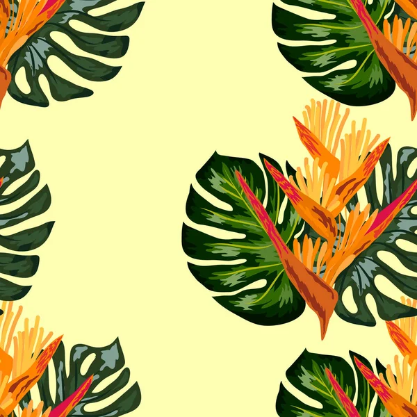 Pola mulus bunga Heliconia atau cakar lobster dan latar belakang daun tropis - Stok Vektor