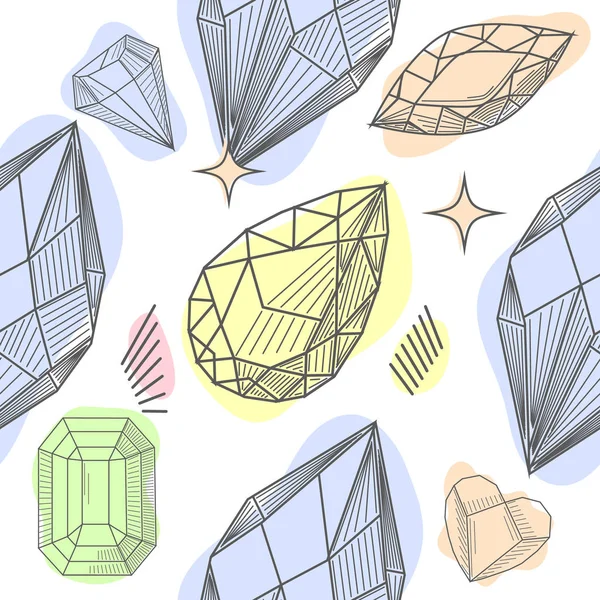 Nahtloses Muster mit Diamanten, Gelegen, Steinen und abstrakten Formen. Trendiges Hipster-Design mit Mineralien und Kristallen. — Stockvektor