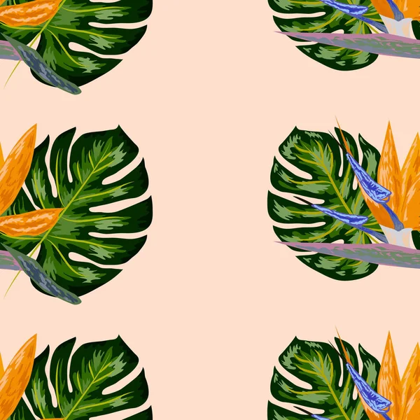 Стрелицкий узор. Тропический цветок, бесшовный цветочный узор. Красивый фон с тропическими цветами и пальмовыми листьями, растениями и листьями . — стоковый вектор
