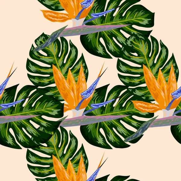 Strelitzia. Fleur tropicale, motif sans couture en grappe de fleurs. Beau fond avec des fleurs tropicales et des feuilles de palmier, plante et feuille . — Image vectorielle
