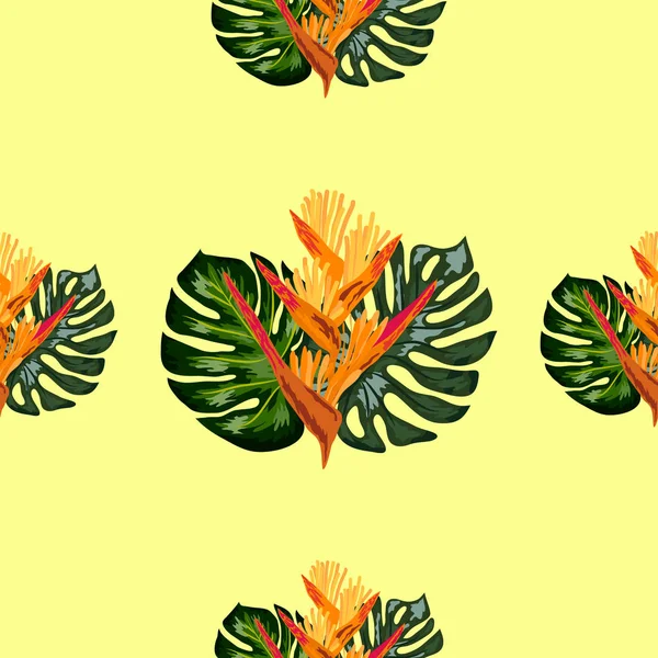 Heliconia virágok vagy homár-karmok és trópusi levél háttér varrat nélküli mintája — Stock Vector