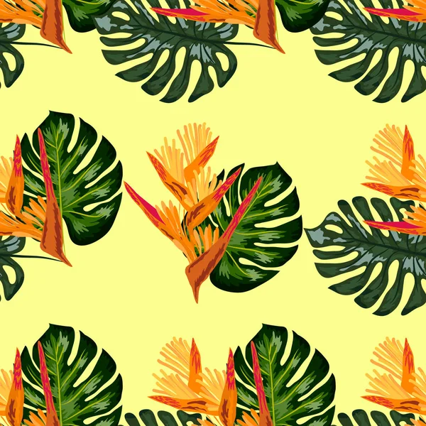 Imprimer des plantes tropicales exotiques et des palmiers, feuille de banane avec des griffes de homard fleur, strelitzia — Image vectorielle