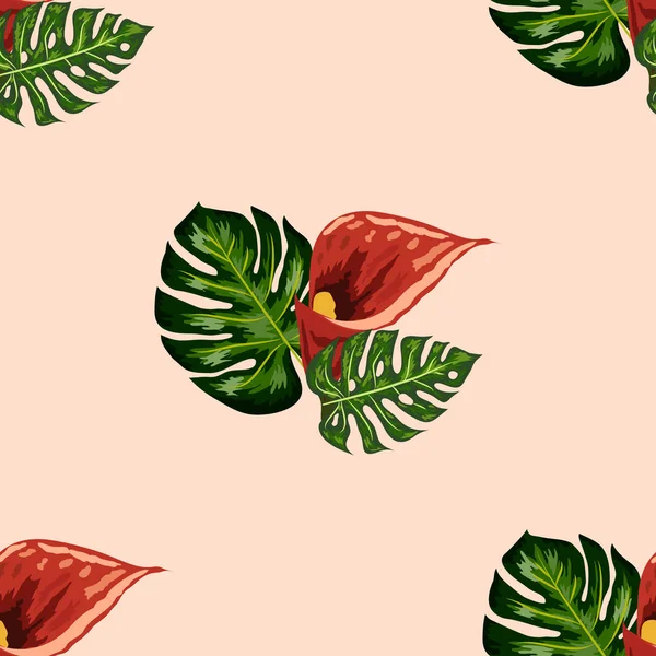 Patrón sin costuras con flores y hojas de bosque rojo Wild Calla. para fondos de pantalla, textiles y scrapbooking — Vector de stock