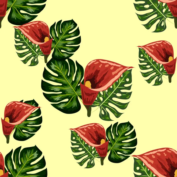Nahtloses Muster mit tropischen Blättern und Callas-Lilienblüten. dunkle und leuchtend grüne Palmblätter, nahtloses Muster. Tropische Illustration. Laub im Dschungel. — Stockvektor
