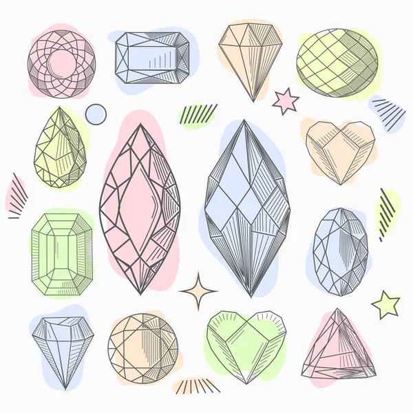 Cristales de arte de línea dibujada a mano y hojas, polillas, rosa dentro de gemas, objetos aislados. Terrarios transparentes en blanco y negro. Cuento de hadas mágico — Vector de stock