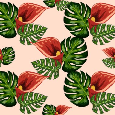 Tropikal yaprakları ve callas zambak çiçekleri ile Dikişsiz desen. Orman yaprakları.