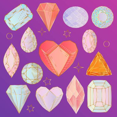 renkli mineraller, kristaller, taşlar ve elmas kümesi. Farklı formlarda sihirli kristaller. pembe, mavi ve yeşil renklerin parlak parlayan mücevherleri.