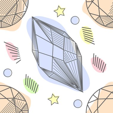Yumuşak pastel renklerde renkli kristal mineral taşların Sevimli 80s tarzı sanat dikişsiz desen, beyaz arka plan üzerinde basit el çizilmiş gökkuşağı elmas kayalar.