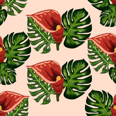 Tropikal yaprakları ve callas zambak çiçekleri ile Dikişsiz desen. Tropikal illüstrasyon. Orman yaprakları.