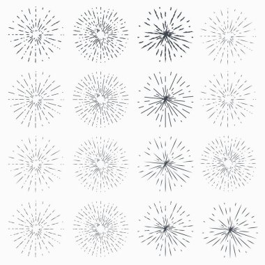 Retro Işık Işınları Koleksiyonu. Tasarım için Vintage Sunburst Shapes Set. Elle Çizilmiş Tasarım Elemanları.