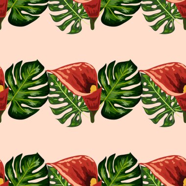 Tropikal yaprakları ve callas zambak çiçekleri ile Dikişsiz desen. Koyu ve parlak yeşil palmiye yaprakları, dikişsiz desen. Tropikal illüstrasyon. Orman yaprakları.