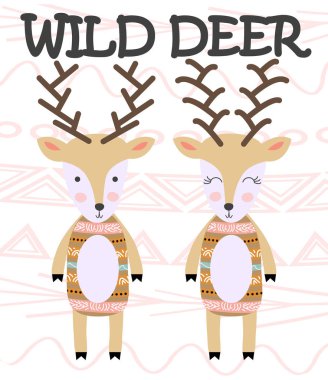 İki güzel geyik. Şık illüstrasyon, İskandinav tarzı.