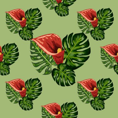 Tropikal yaprakları ve callas zambak çiçekleri ile Dikişsiz desen. Tropikal illüstrasyon. Orman yaprakları.