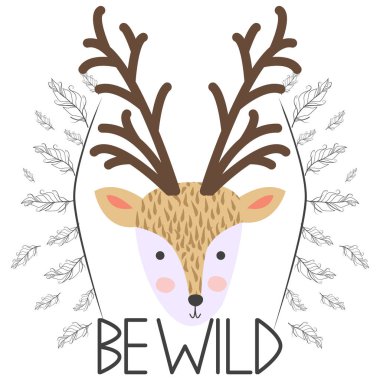 İskandinav tarzında çocuklar için geyik. Yazıtlı orman hayvanlarının kartpostalı.