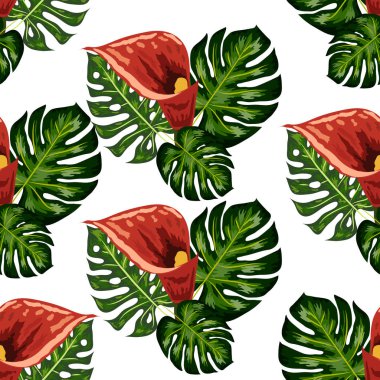 Tropikal yaprakları ve callas zambak çiçekleri ile Dikişsiz desen. Tropikal illüstrasyon. Orman yaprakları.