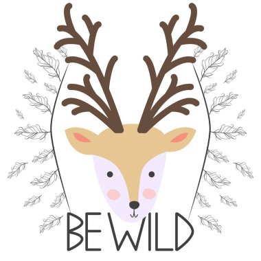 İskandinav tarzında çocuklar için geyik. Yazıtlı orman hayvanlarının kartpostalı.