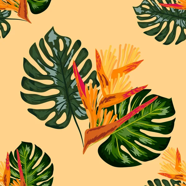 Motif jungle d'été avec fleurs tropicales héliconie ou fond homard-griffe . — Image vectorielle