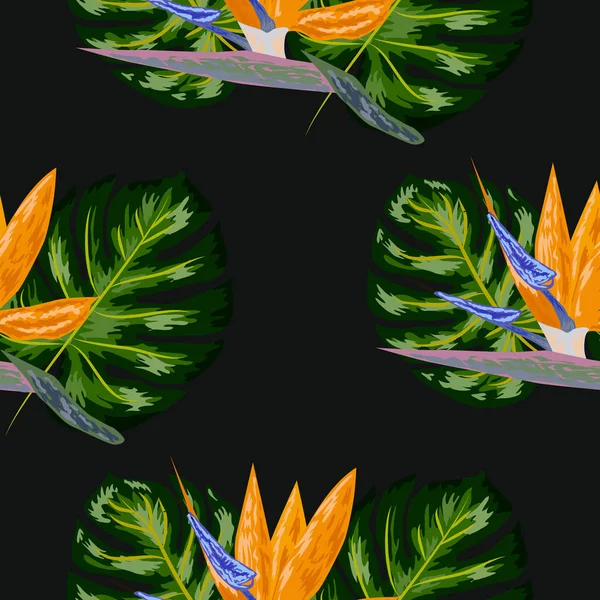 Королевская Стрелиця. Тропические цветы, райская птица. Красивая бесшовная цветочная картина джунглей фон, экзотическая печать — стоковый вектор
