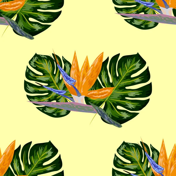 Strelitzia pattern. Tropical flower, blossom cluster seamless pattern. Beautiful background with tropical flowers and palm leaves, plant and leaf. — Stock Vector