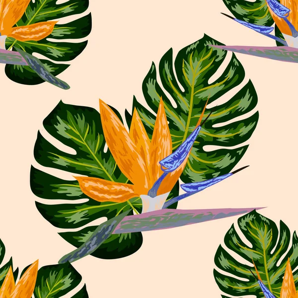 Royal Strelitzia. Flores tropicales, pájaro del paraíso. Hermoso fondo de patrón de selva floral sin costuras, impresión exótica — Vector de stock