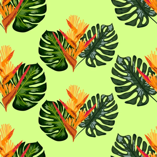 Summer jungle pattern with tropical flowers heliconia or lobster-claw background. — Stock Vector