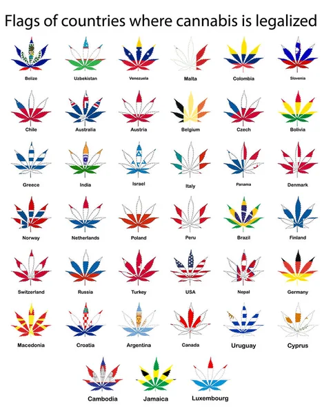 Eine Reihe von Flaggen von Ländern, in denen Marihuana legalisiert ist, Cannabis — Stockvektor