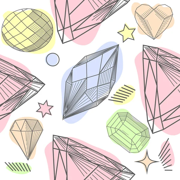 Nahtloses Muster mit Diamanten, Gelegen, Steinen und abstrakten Formen. Trendiges Hipster-Design mit Mineralien und Kristallen. — Stockvektor