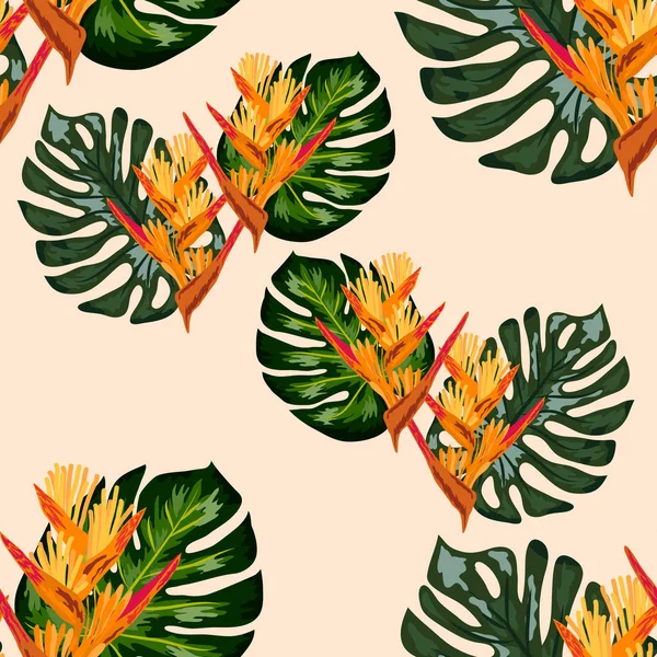 Seamless wallpaper pattern summer jungle art in trendy style of hand-drawing — Stock Vector