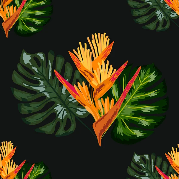 Summer jungle pattern with tropical flowers heliconia or lobster-claw background. — Stock Vector