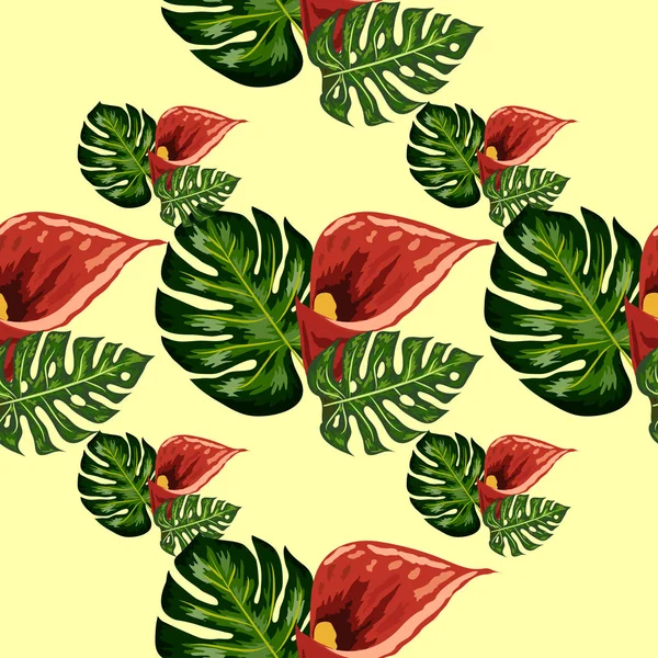 Modèle sans couture avec des feuilles tropicales et des fleurs de lys callas. Feuillage de jungle . — Image vectorielle