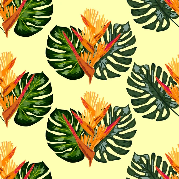 Motif jungle d'été avec fleurs tropicales héliconie ou fond homard-griffe . — Image vectorielle