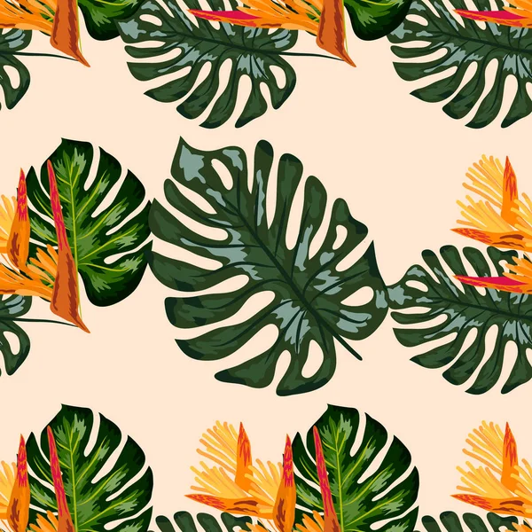 Imprimer des plantes tropicales exotiques et des palmiers, feuille de banane avec des griffes de homard fleur, strelitzia — Image vectorielle