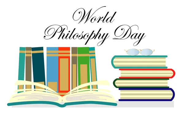 Día Mundial de la Filosofía. Montón de libros con libro abierto y letras sobre fondo blanco . — Archivo Imágenes Vectoriales