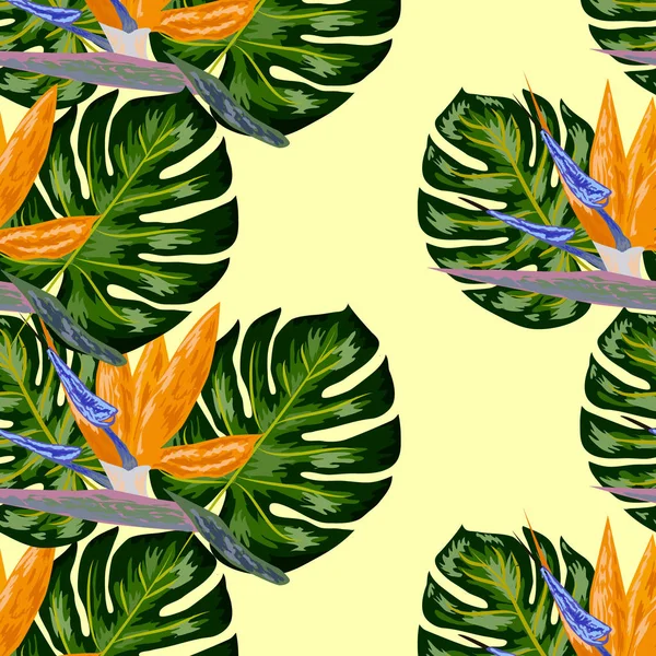 Strelitzio vzor. Tropická rostlina, kvetoucí hvězdokupa. Krásné pozadí s tropickými květy a palmovými listy, rostlinným a listím. — Stockový vektor