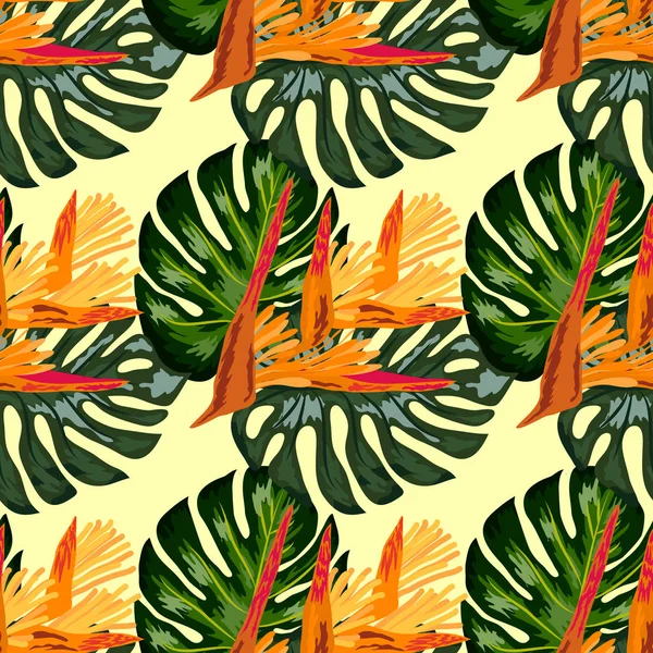 Modèle sans couture de fleurs d'Heliconia ou de griffes de homard et fond de feuilles tropicales — Image vectorielle