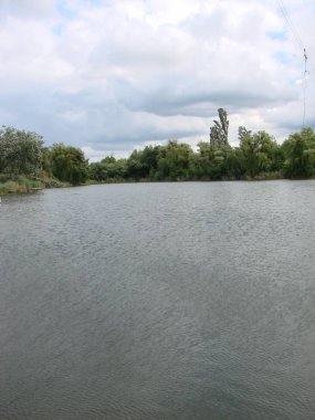 Bulutlu gökyüzü, Kümülüs bulutları, söğüt ve sazlıkile suda yansımaları ile yeşil orman ve göl ile manzara