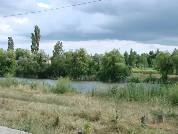 Paisagem com céu nublado, nuvens Cumulus, floresta verde e lago com reflexos na água com salgueiros e juncos — Fotografia de Stock