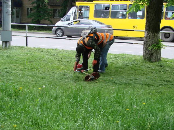 Män arbetare med gas handhållna sträng trimmers utrustning under gräsklippning team fungerar. Poltava, Ukraina, 12 maj, 2019 — Stockfoto