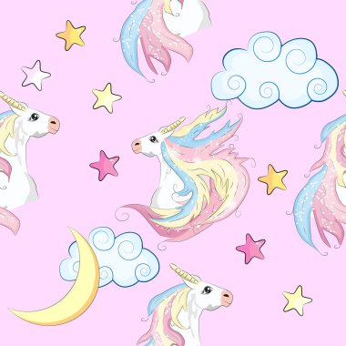 Çizgi film kusursuz desen. Gökkuşağı ve bulut desenli tek boynuzlu at..