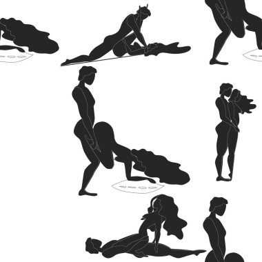 Kama Sutra, kusursuz desen, tasarım, poster, kumaş. Kamasutra, sevişmek için yarım yamalak pozlar. Hazır ol. Ayakta duran konumlar