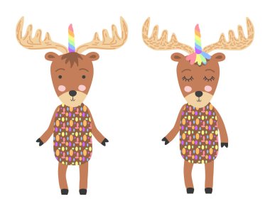 Tek boynuzlu şirin, komik bir geyiğin el çizimi.