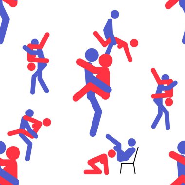 Kama Sutra, kusursuz desen, tasarım, poster, kumaş. Kamasutra, sevişmek için yarım yamalak pozlar. Hazır ol. Ayakta duran konumlar