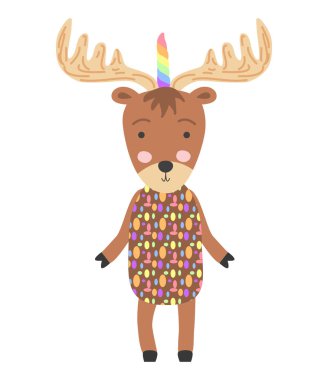 Tek boynuzlu şirin komik bir geyiğin el çizimi. İskandinav tarzı düz tasarım. Çocuk yazdırma kavramı.