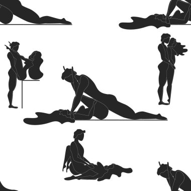 Kama Sutra, kusursuz desen, tasarım, poster, kumaş. Kamasutra, sevişmek için yarım yamalak pozlar. Hazır ol. Ayakta duran konumlar