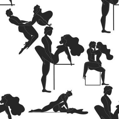 Kama Sutra, kusursuz desen, tasarım, poster, kumaş. Kamasutra, sevişmek için yarım yamalak pozlar. Hazır ol. Ayakta duran konumlar
