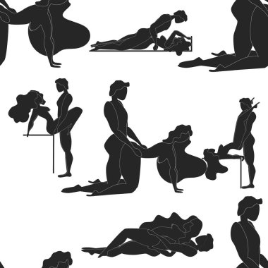 Kama Sutra, kusursuz desen, tasarım, poster, kumaş. Kamasutra, sevişmek için yarım yamalak pozlar. Hazır ol. Ayakta duran konumlar