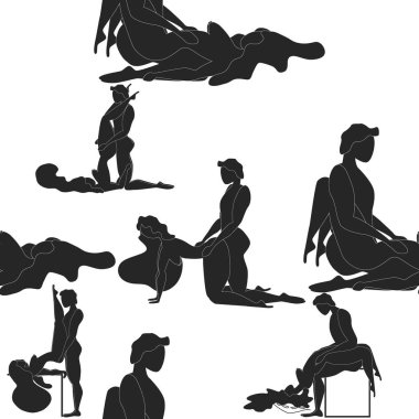Kama Sutra, kusursuz desen, tasarım, poster, kumaş. Kamasutra, sevişmek için yarım yamalak pozlar. Hazır ol. Ayakta duran konumlar